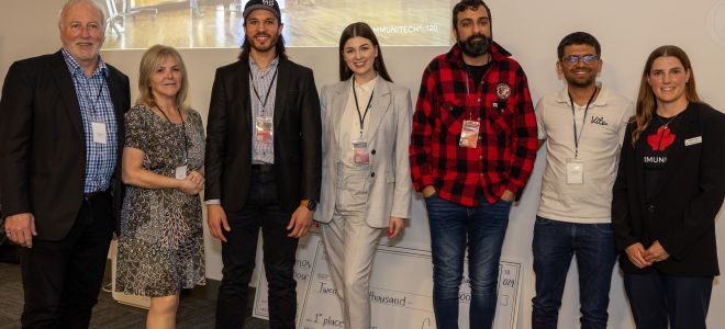 Pictured from left to right: Bob Burrows, founder & CEO of Bluicity, Angie Ricci, founder and CEO of DriverDX, Sam Cherhabil, founder & CEO of Gomove, Olha Mullyar, Sales Executive at Mely.ai, Sharif Virani, Head of Growthat  Real Life Robotics, Mandip Kanjiya, co-founder and CTO of Vite, and Carleigh Johnston, Fast Track Cities Program Manager at Communitech.