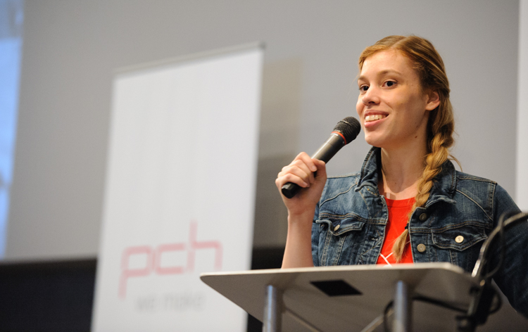 PCH VP of Community Engagement and Hackathons, Katherine Hague on stage
