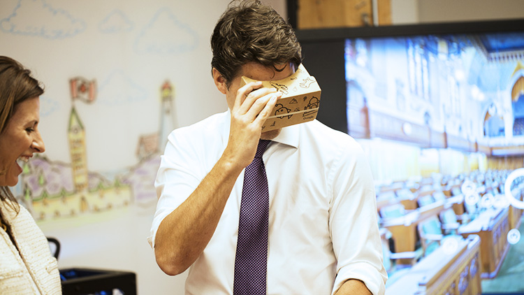 Justin Trudeau looking through a Google Cardboard